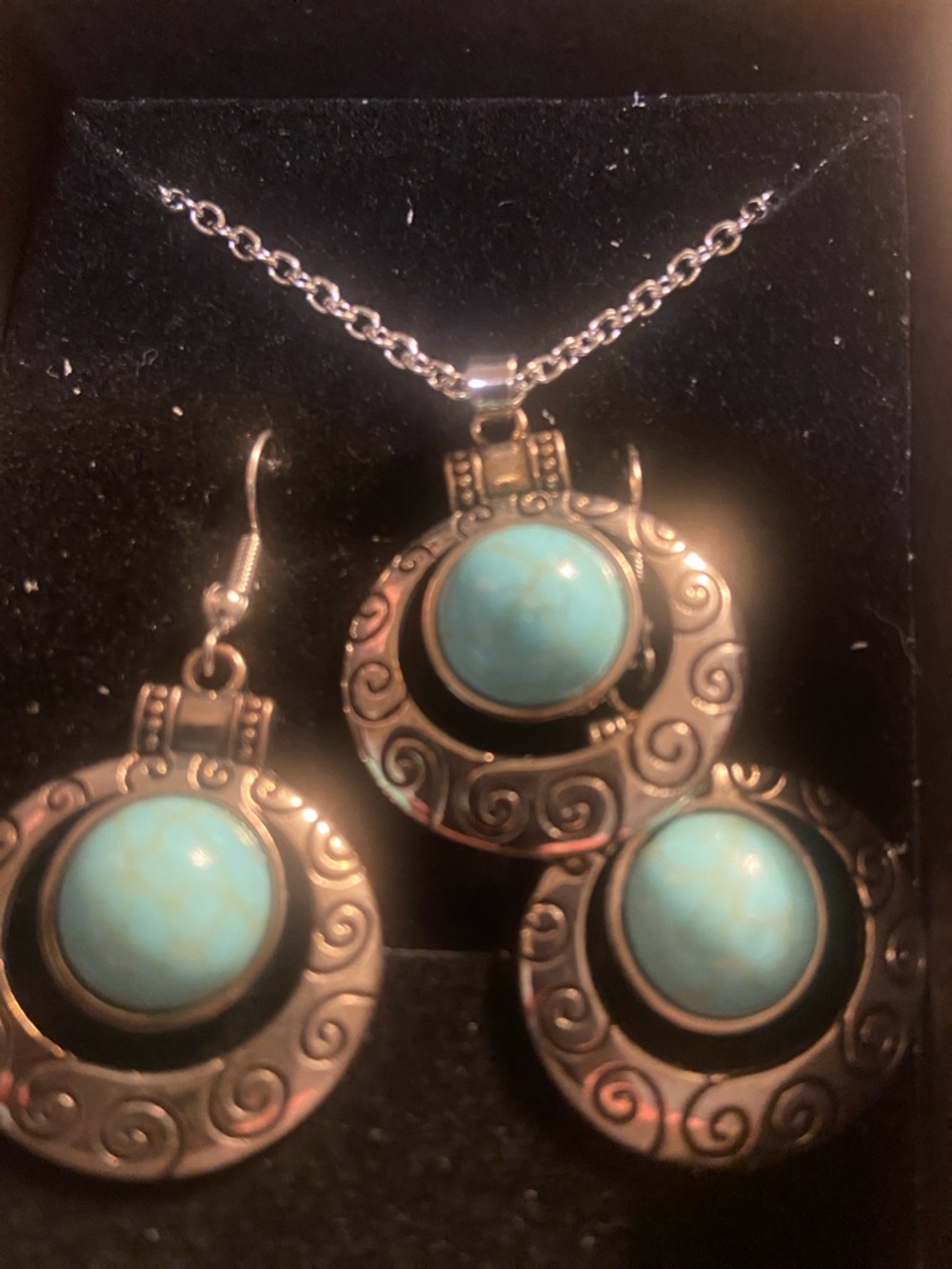 Turquoise Stone Pendant and Earring Set - Blue Silver-Tone - Picture 2 of 2